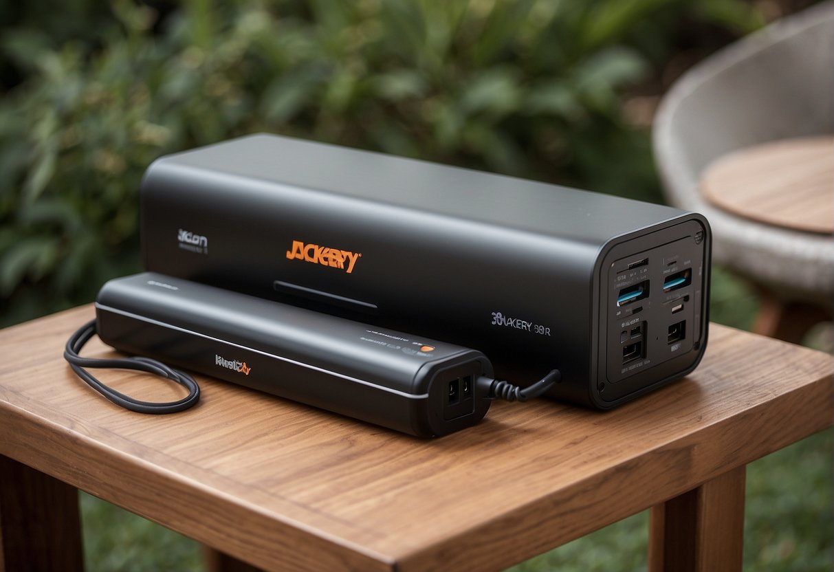 The two portable power stations, Jackery 240 and 300, are placed side by side on a table. The 240 is smaller with a sleek design, while the 300 is slightly larger and more robust. Both have multiple input and output
