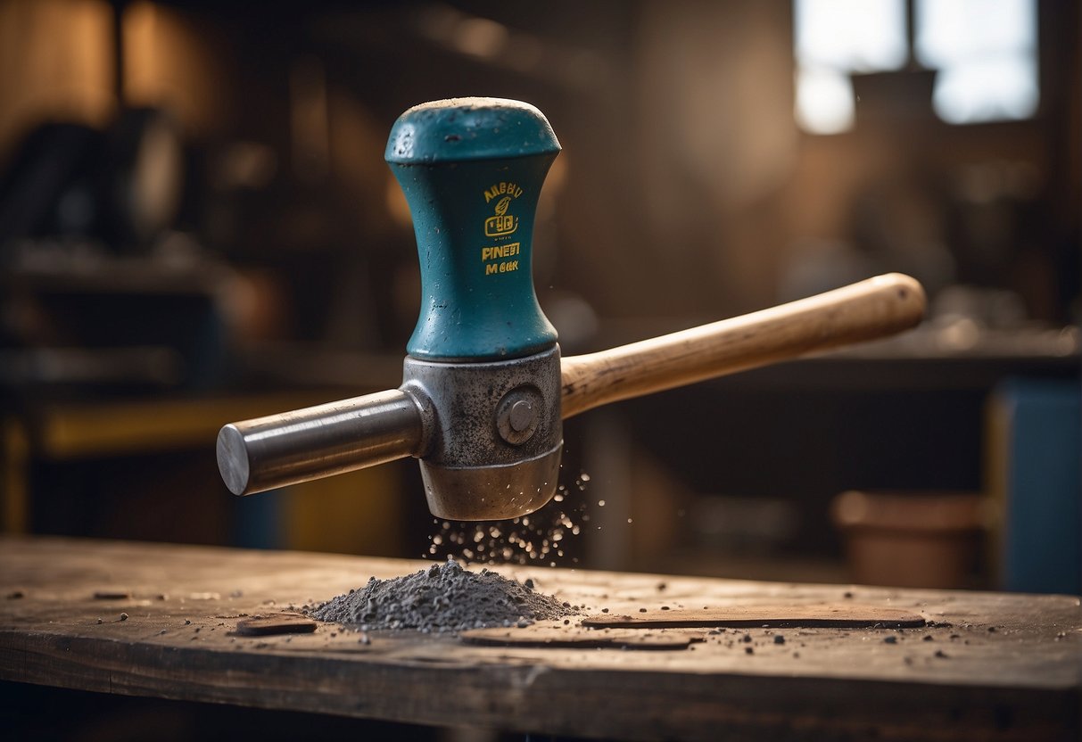 A dead blow hammer strikes a rubber mallet on a workbench