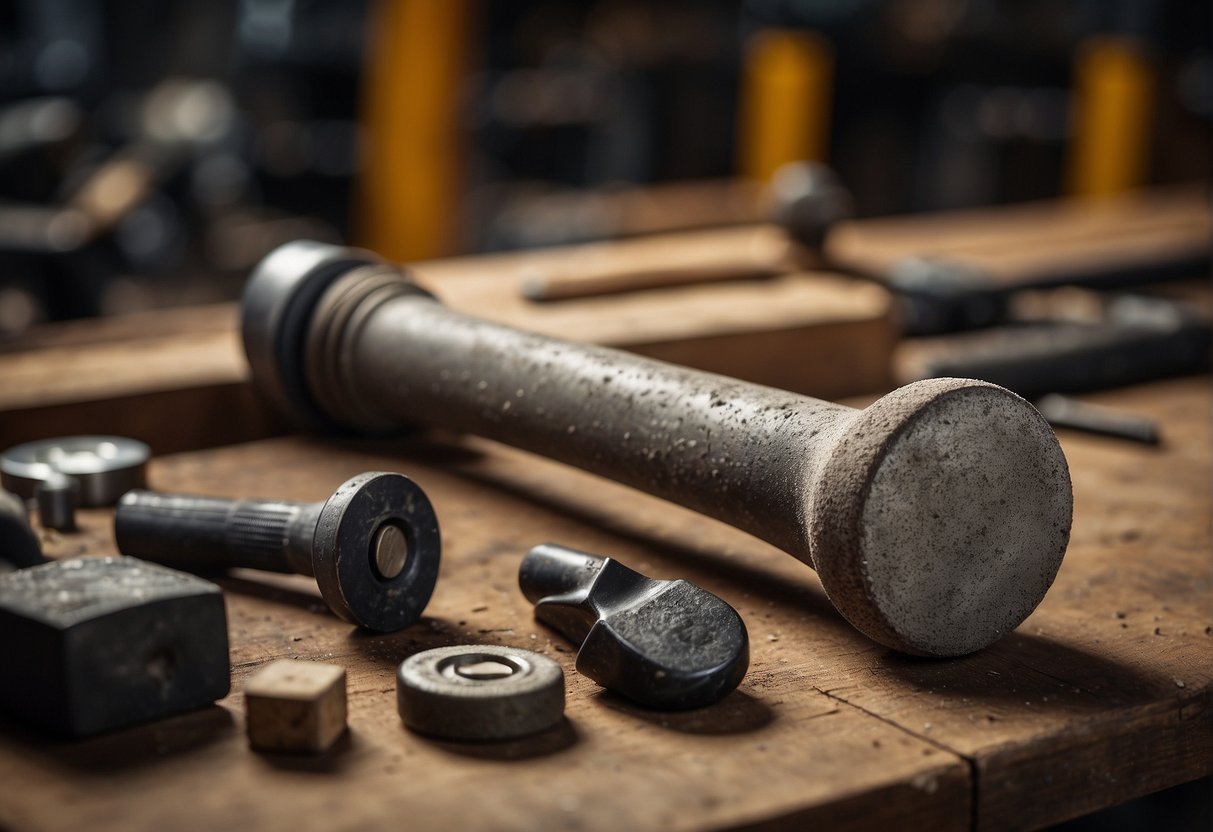 A dead blow hammer and a rubber mallet lie on a workbench, surrounded by various materials and tools. The dead blow hammer is heavy and solid, while the rubber mallet is softer and more flexible