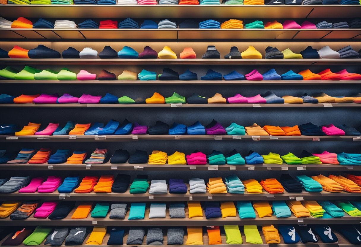 A colorful display of Nike socks on a store shelf, with various styles and sizes neatly arranged for sale