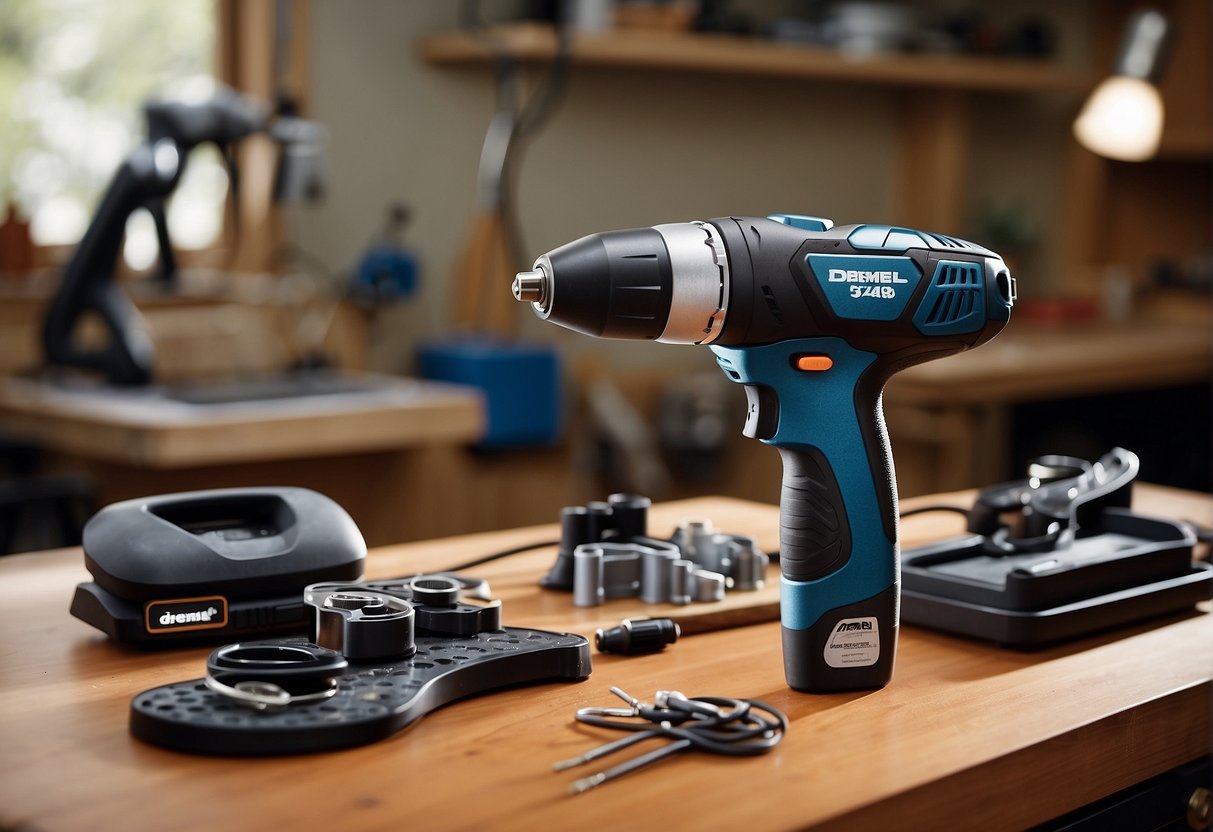 A Dremel 8240 and 8250 sit side by side on a workbench, with various attachments and accessories scattered around them