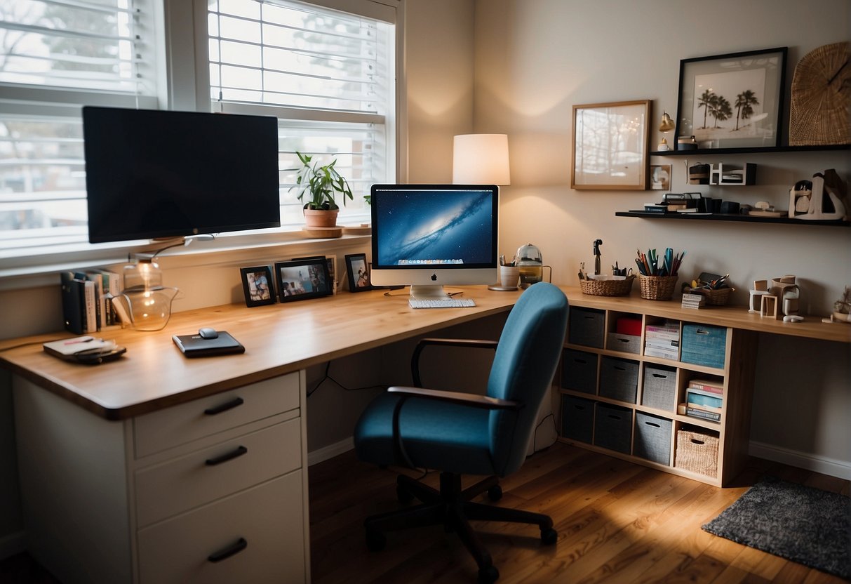 A cozy home office with a desk, computer, and organized supplies. A separate play area with toys and activities. A schedule posted on the wall for structured breaks and quiet time