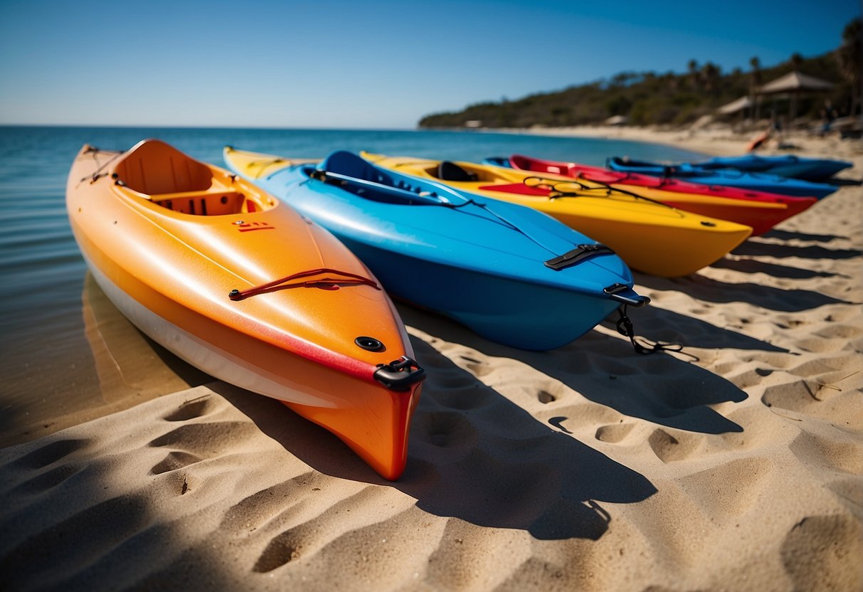 A row of colorful kayaks lined up on a sandy beach with a sign advertising rental options. The sun is shining, and the clear blue water glistens in the background