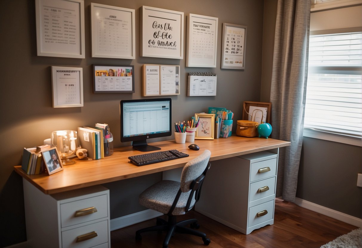 A child's desk with organized supplies, a schedule on the wall, and a cozy reading nook in a bright, quiet corner of the home office