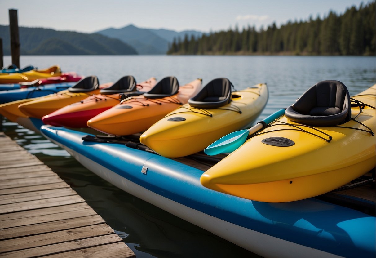 Various kayaks lined up on a dock, including single and tandem options. Rental prices and details displayed on a sign nearby