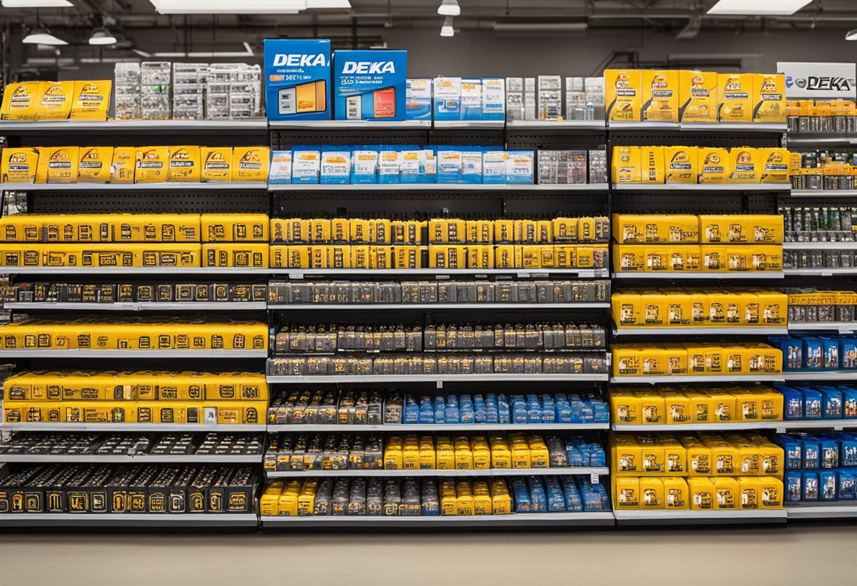 A bright and colorful display of Deka batteries on shelves in a well-lit store. The logo is prominently featured, and various sizes and types of batteries are neatly organized