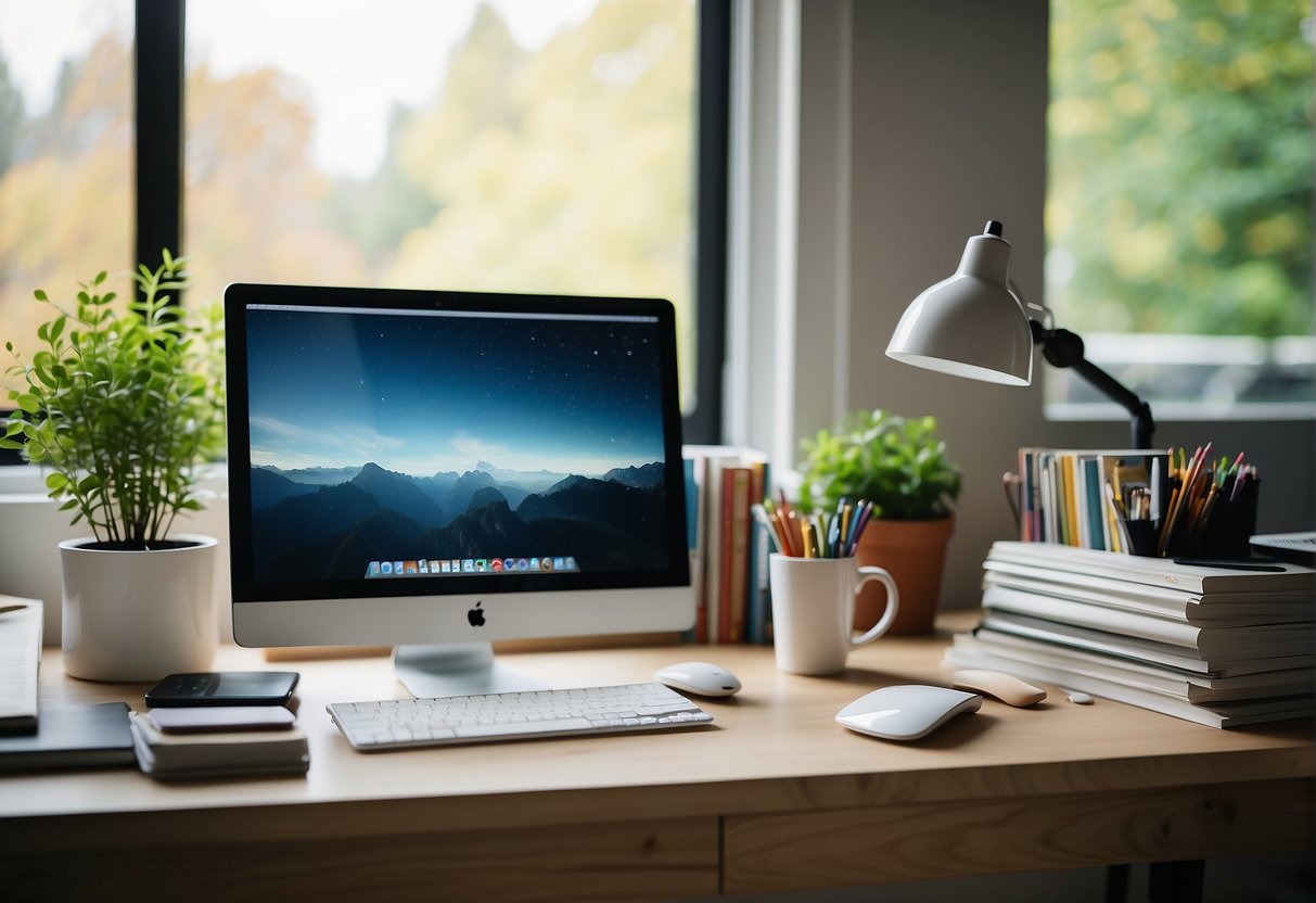 A cozy home office with a desk, computer, and organized work supplies. A separate area for kids with a small table, books, and educational toys. Bright natural light and a calming atmosphere