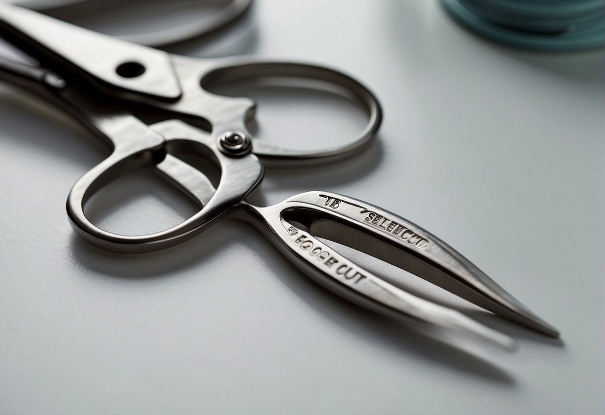 A pair of scissors labeled "ego select cut" is shown next to a pair of regular scissors on a clean, white surface