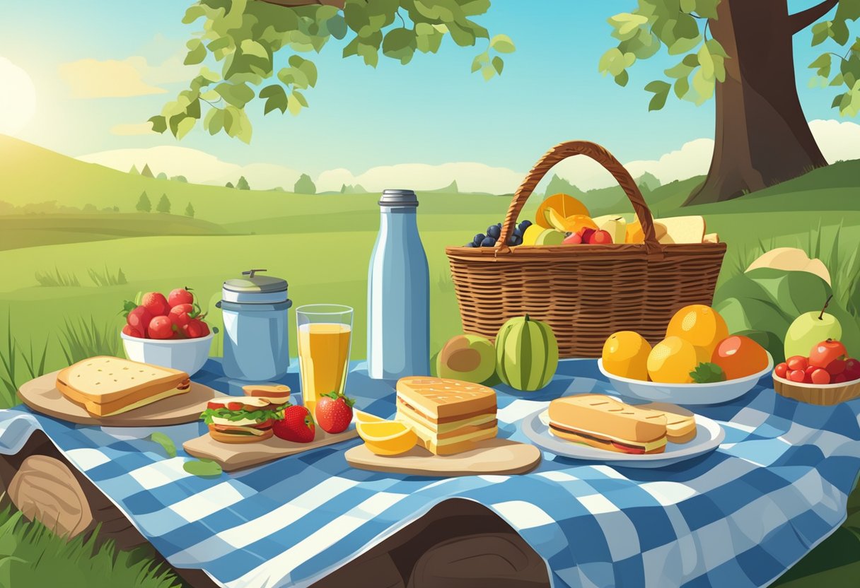A picnic scene with a checkered blanket, wicker basket, sandwiches, fruits, and a thermos. A serene outdoor setting with trees, grass, and a clear blue sky