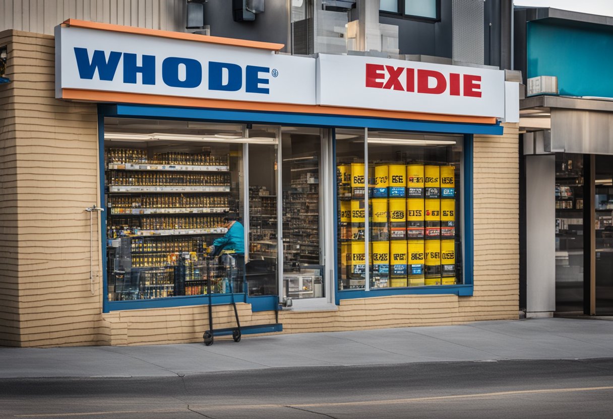 A brightly lit storefront with a large sign reading "Who Sells Exide Batteries?" A display of various car batteries is visible through the window