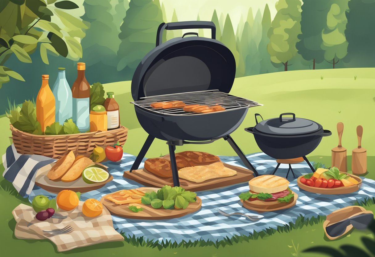 A picnic blanket spread out with a basket of food, surrounded by nature. A grill and cooking utensils set up in a cozy home kitchen
