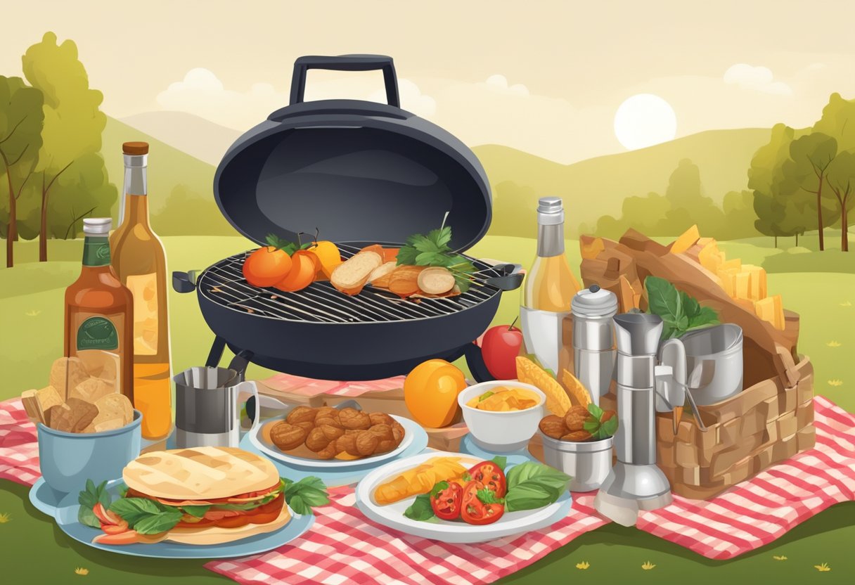 A picnic blanket spread with a variety of foods and drinks, surrounded by nature. A grill or stove set up at home, with ingredients and utensils ready for cooking