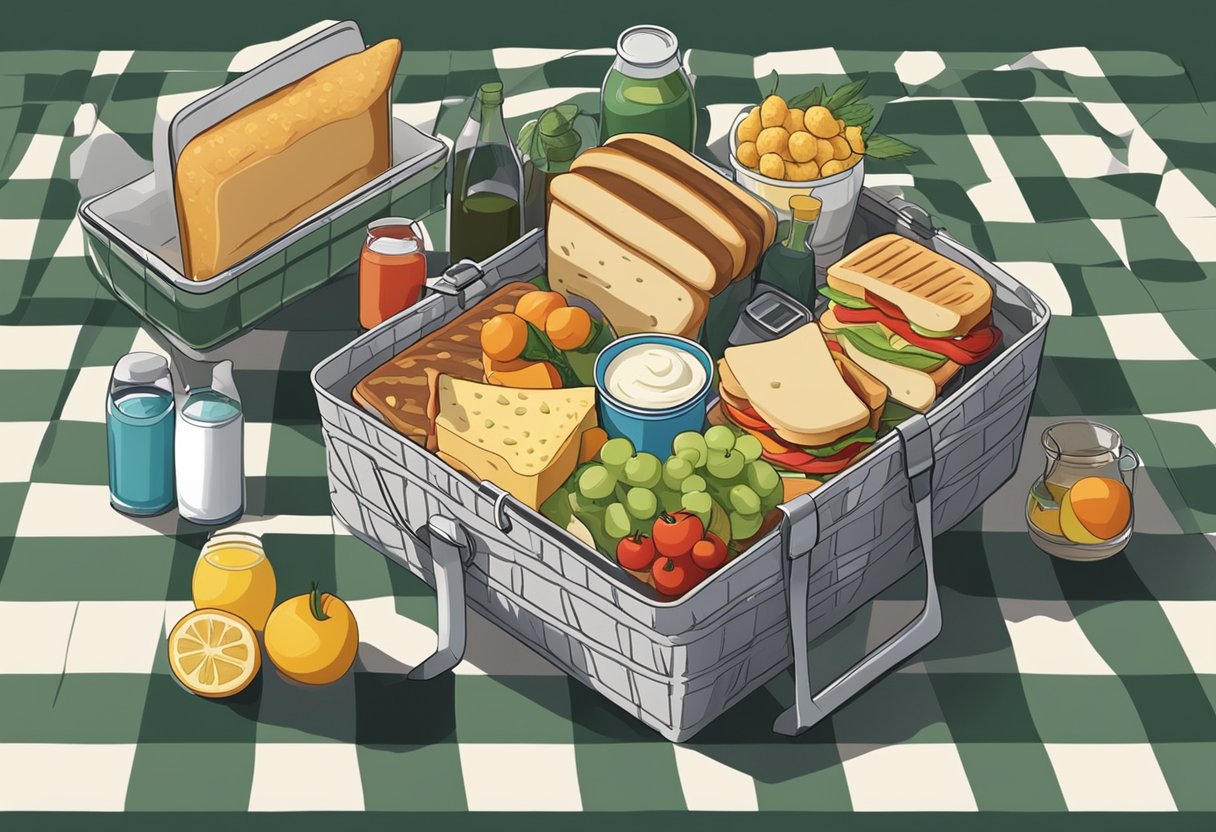 A picnic basket filled with sandwiches, fruits, and drinks sits on a checkered blanket next to a portable grill and a cooler. Ingredients like bread, cheese, and condiments are neatly arranged on a separate table