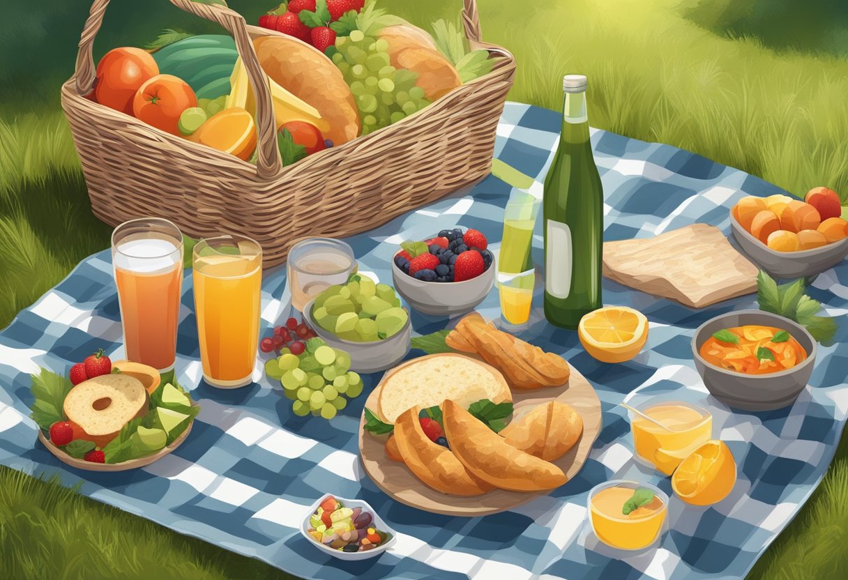A picnic blanket spread with a variety of food and drinks, surrounded by nature with a basket and cooler nearby