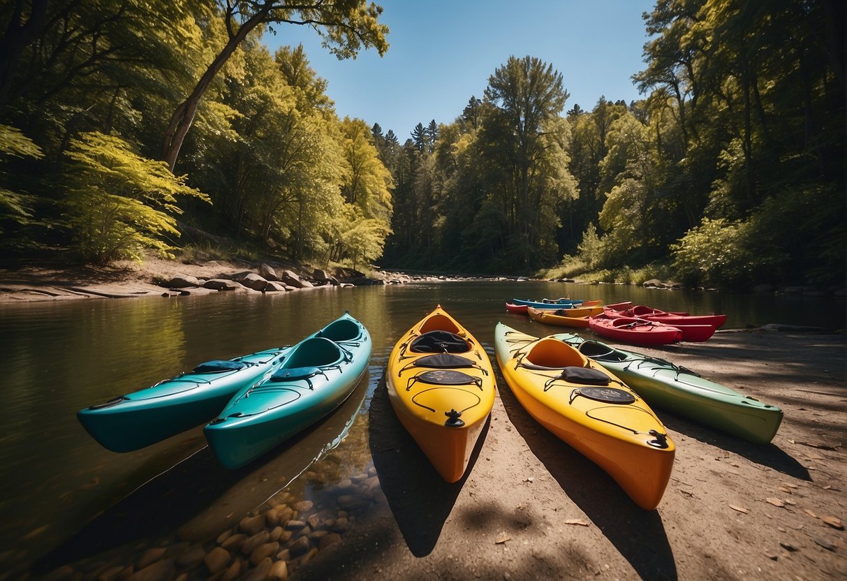 A kayak rental shop sits beside a calm, sun-dappled river. A colorful array of kayaks lines the shore, with a sign advertising seasonal rates