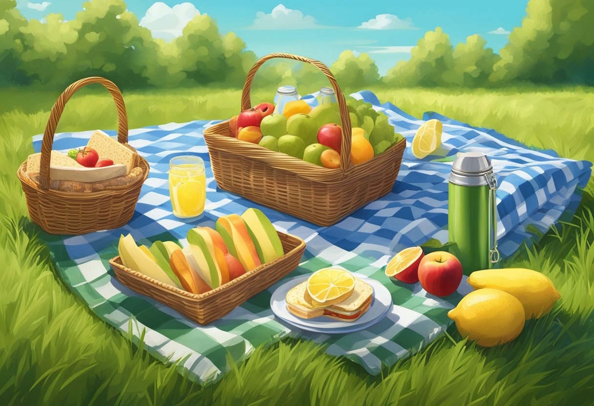 A picnic scene with a checkered blanket spread out on lush green grass, a wicker basket filled with sandwiches and fruits, a thermos of lemonade, and a clear blue sky with fluffy white clouds