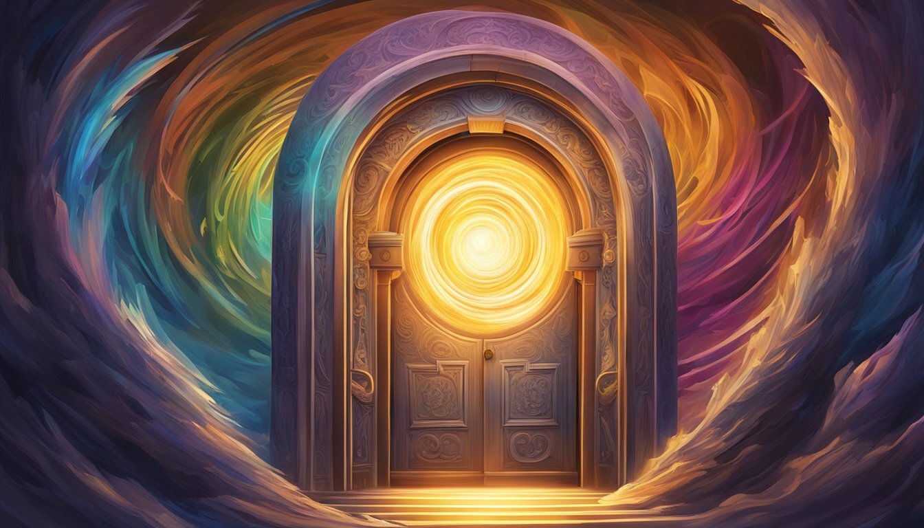 A mysterious doorway opens into a swirling vortex of color and light, revealing hidden dimensions and curious symbols