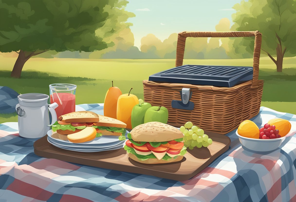 A picnic blanket spread with a basket, sandwiches, and fruit. Nearby, a portable grill with smoke rising. A serene outdoor setting with trees and a clear sky