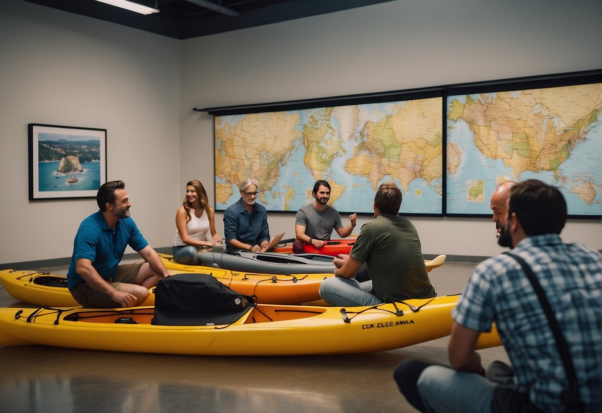 A group of people are discussing kayak rental options at a planning meeting. The room is filled with maps, brochures, and equipment