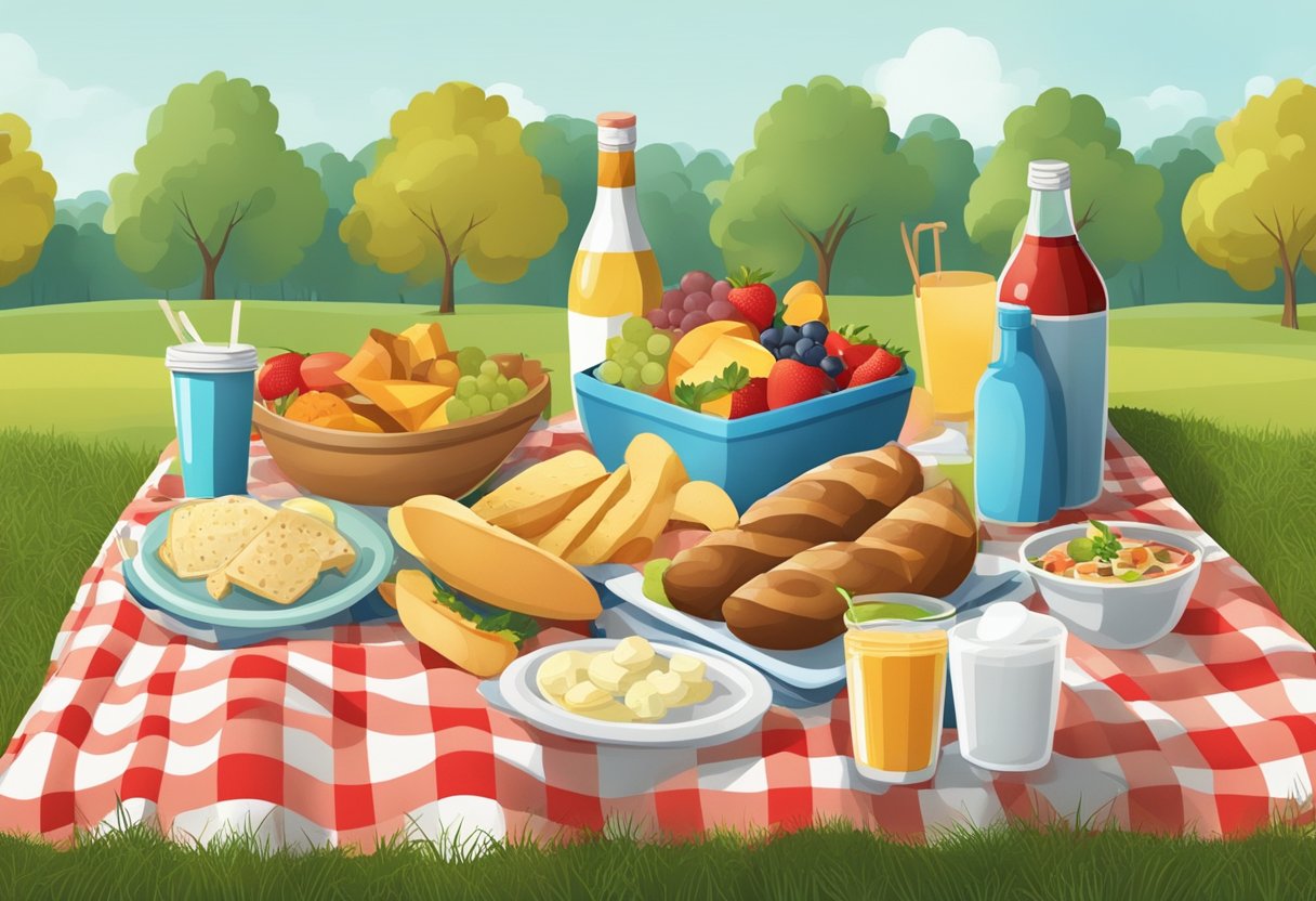A picnic blanket spread with a variety of foods, drinks, and utensils, set in a grassy park with trees in the background