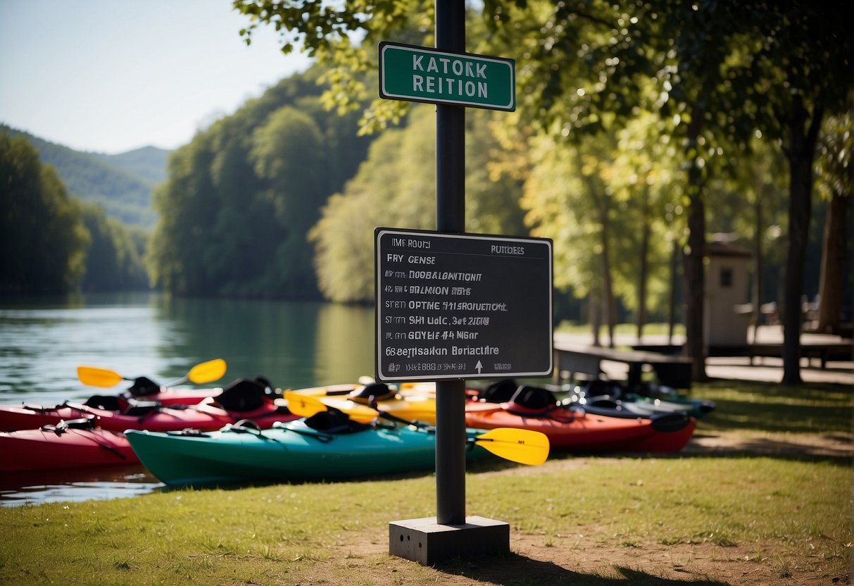 A kayak rental station displays pricing and fees signage with various rental options listed