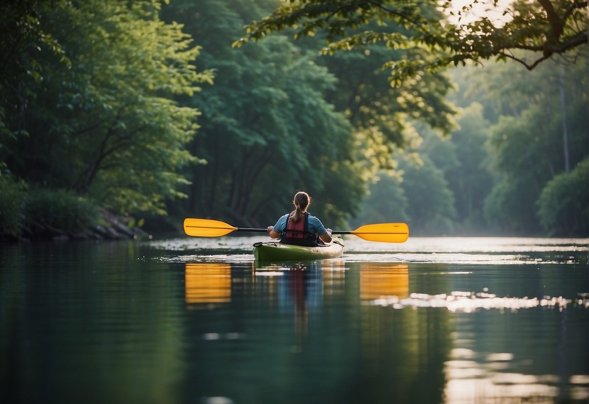 A person kayaks through a serene river, surrounded by lush greenery and wildlife. Rental options are displayed on a sign by the water's edge