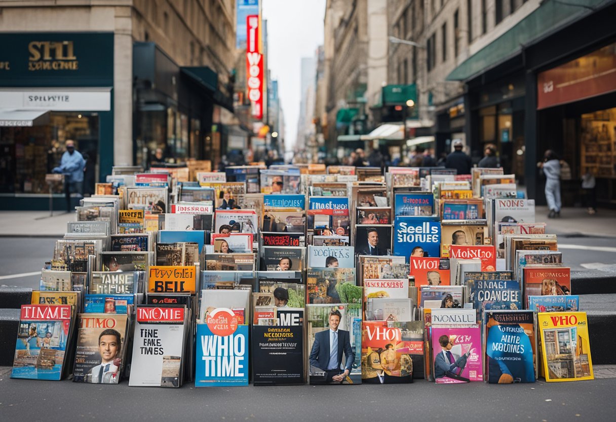 A newsstand displays Time magazines, with a bright sign reading "Who Sells Time Magazine?" in a bustling city street