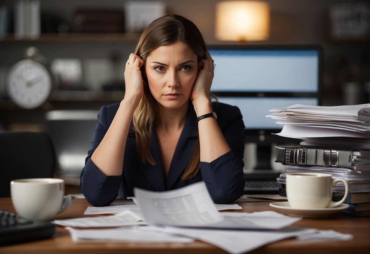 A cluttered desk with a laptop, papers, and a coffee mug. A tired expression on a woman's face. A clock showing late hours