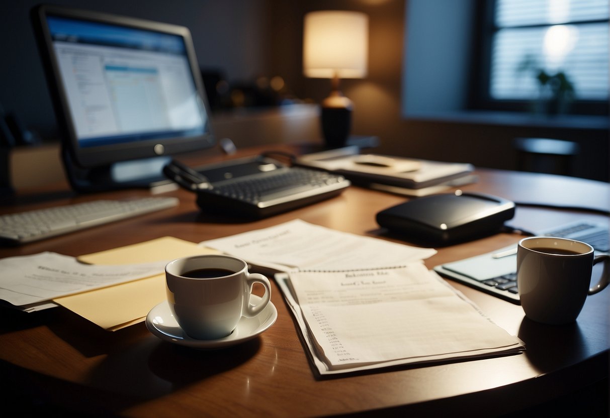 A cluttered desk with scattered papers, a laptop, and a coffee mug. A clock on the wall shows late hours. The room is dimly lit, with a sense of exhaustion and overwhelm