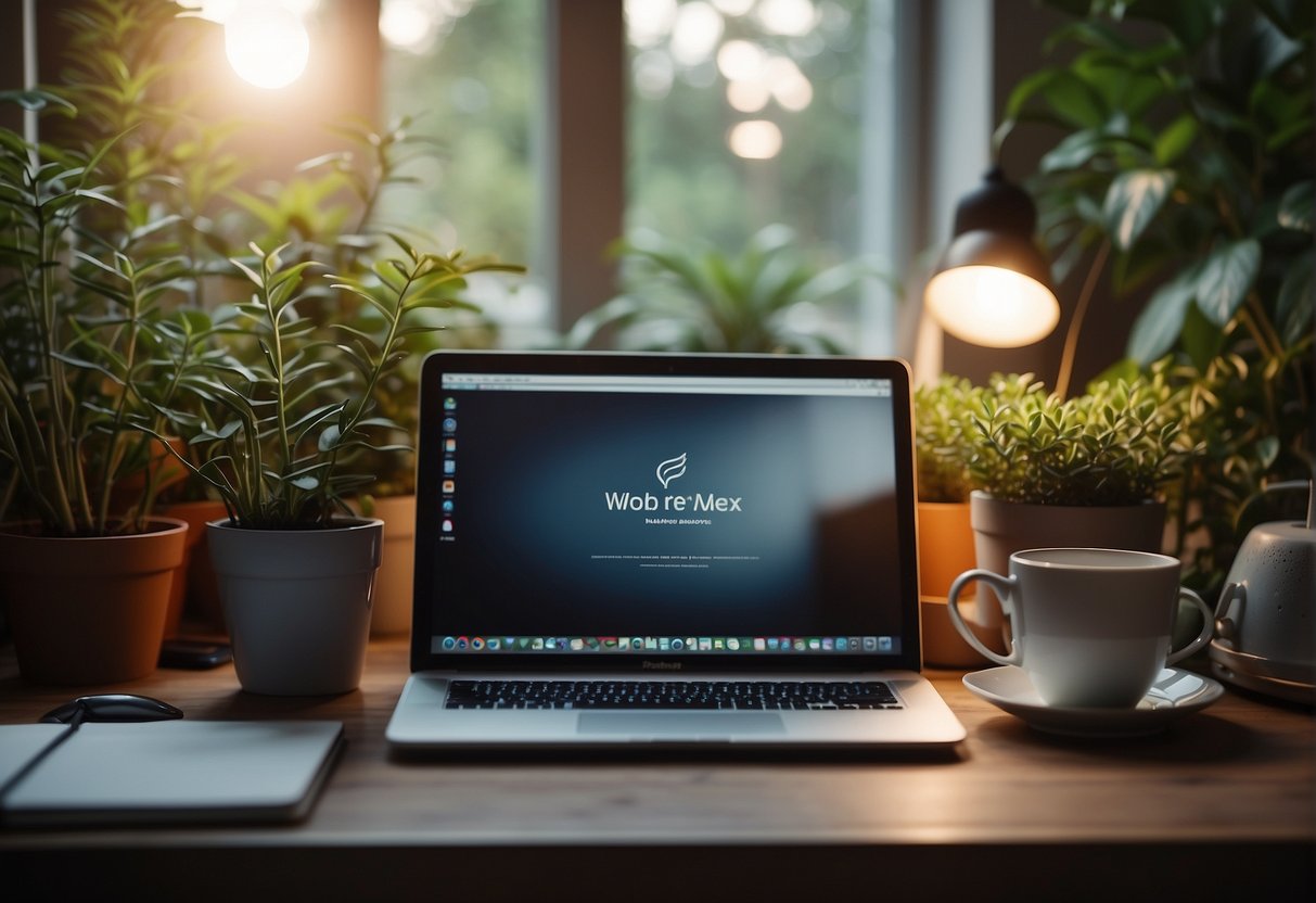 A cozy home office with a desk cluttered with notebooks and a laptop. A steaming cup of tea sits nearby, surrounded by plants and soft lighting, creating a calm and serene atmosphere