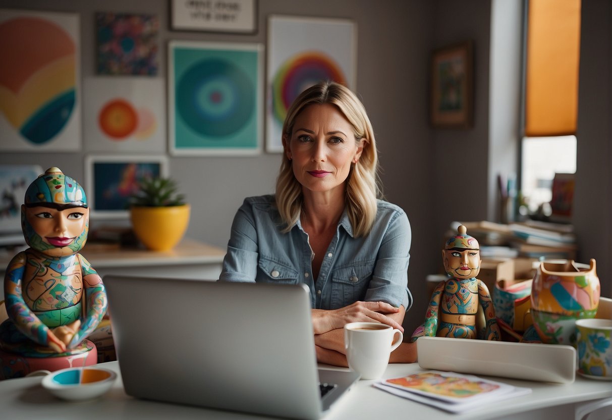A mother sits at her desk surrounded by her children's artwork, a laptop, and a cup of coffee. She looks tired but determined as she juggles work and family responsibilities