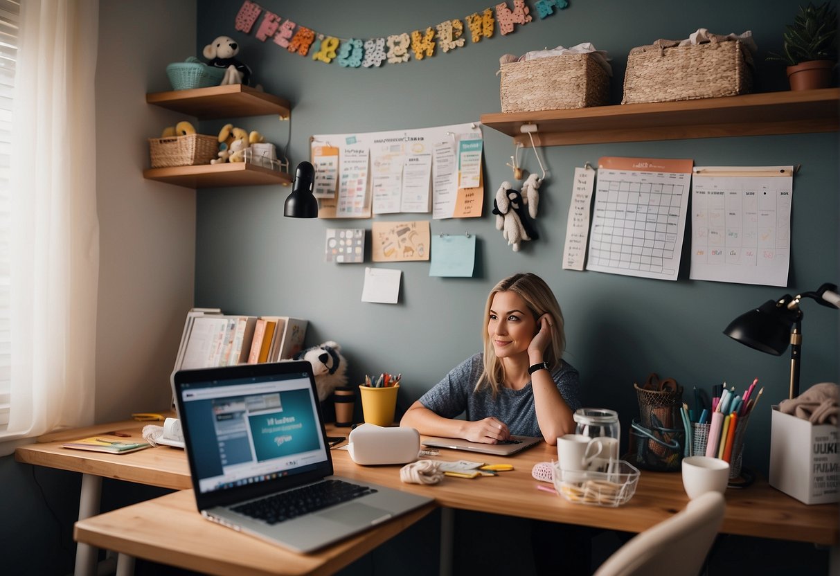 A home office cluttered with papers and a laptop. A tired mom sits at her desk, surrounded by toys and laundry. A calendar on the wall shows a packed schedule