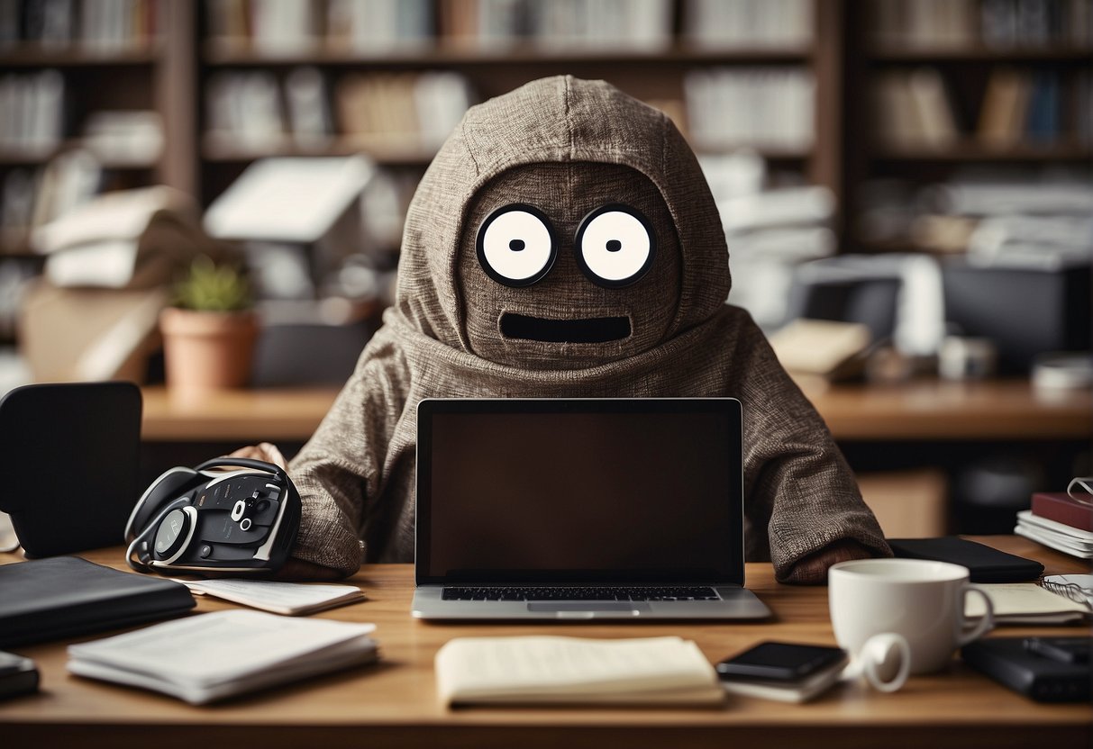 A cluttered desk with a laptop, coffee mug, and scattered papers. A tired expression on a faceless figure in front of the computer