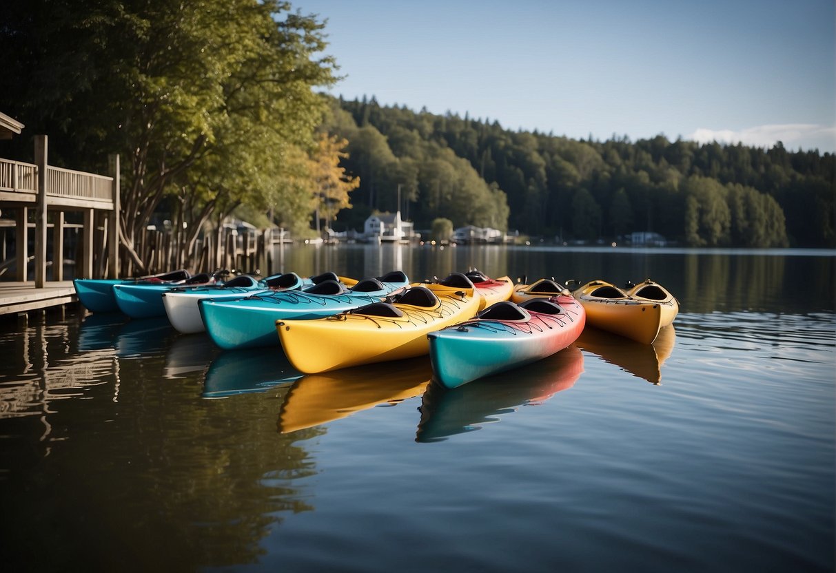 Kayaks lined up on a tranquil waterfront with rental signs and equipment nearby