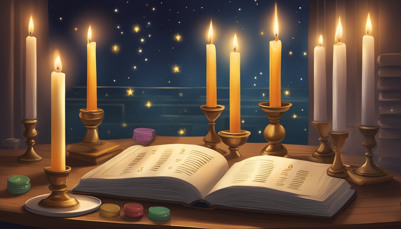 A table with four candles, each with a different number: 7, 9, 7, and 9.</p><p>A book on numerology lies open next to them