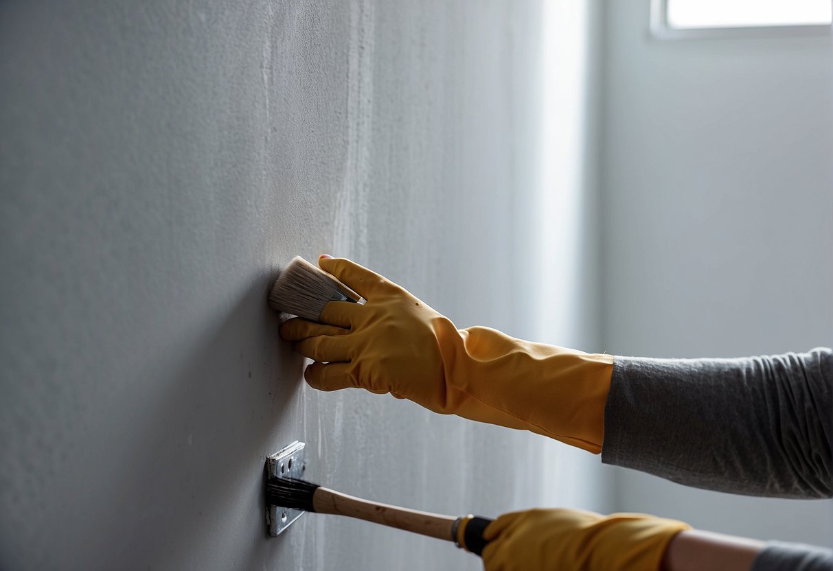 A hand holding a paintbrush applies drywall primer to a rough, unfinished wall, while a separate hand applies regular primer to a smooth, already painted surface