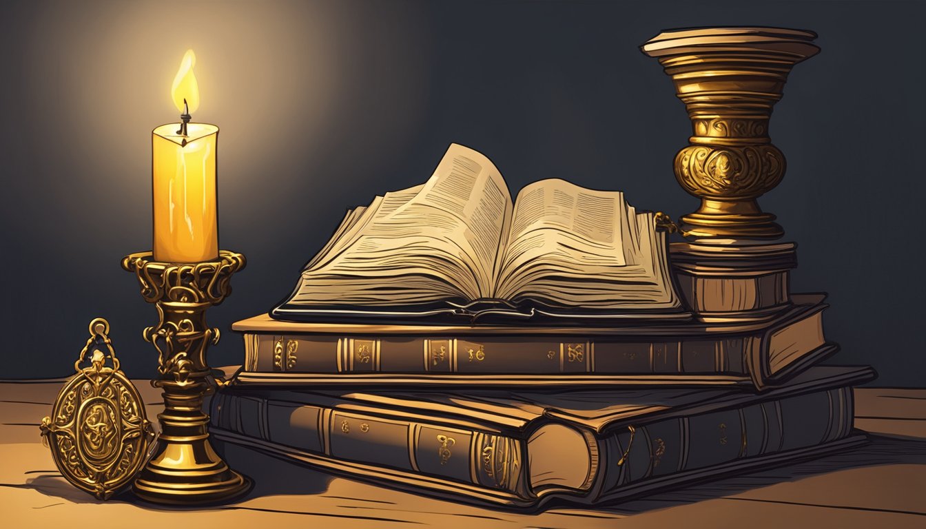 A glowing candle sits atop a stack of ancient books, casting eerie shadows on the wall.</p><p>An ornate key hangs from a chain, dangling in the dim light