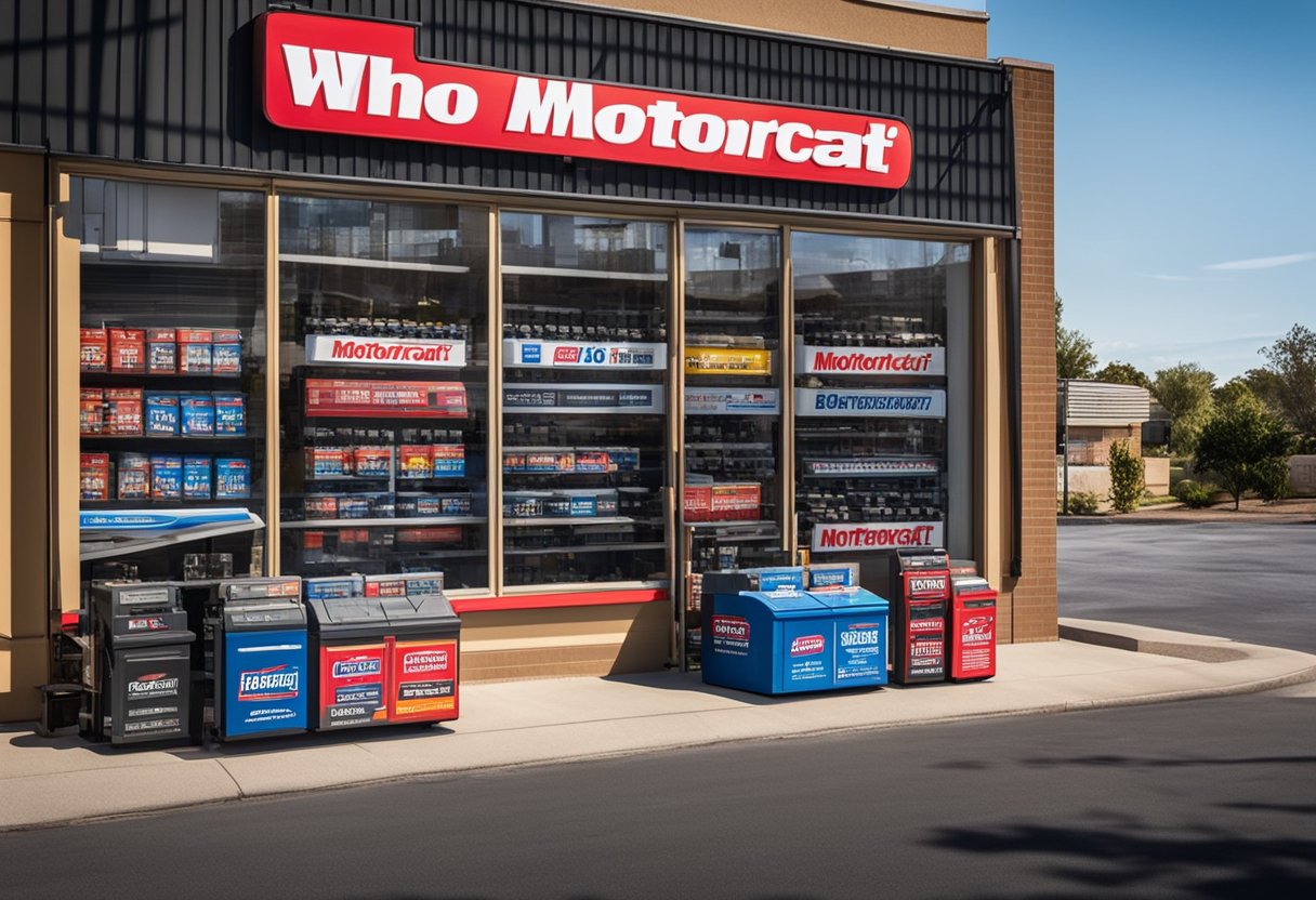 A storefront sign reads "Who Sells Motorcraft Batteries?" with a display of various car batteries in the window. The sun shines down on the scene, casting shadows on the pavement