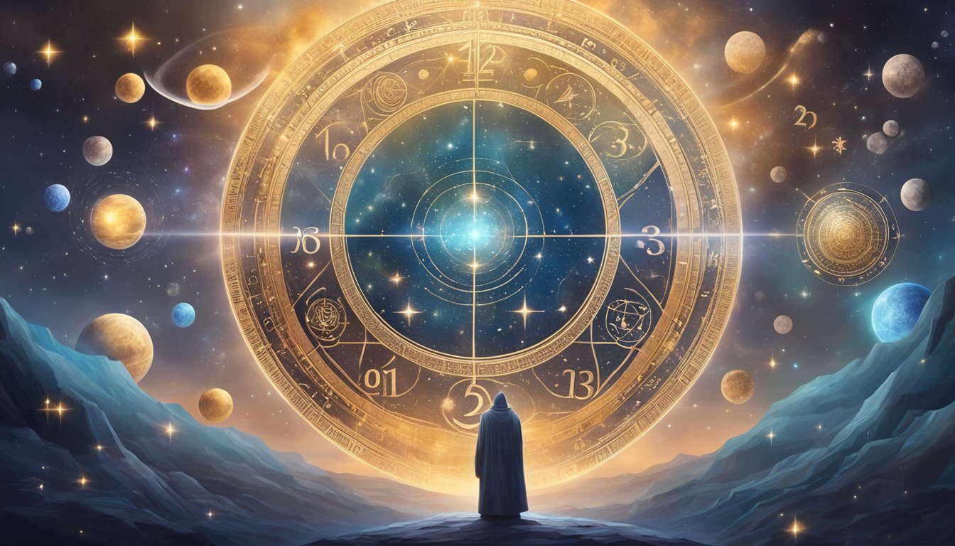 A mystical scene with numbers floating in the air, surrounded by cosmic symbols and celestial bodies, emanating a sense of mystery and ancient wisdom