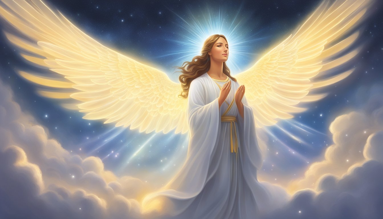 A serene figure surrounded by glowing light, receiving a message from angelic beings