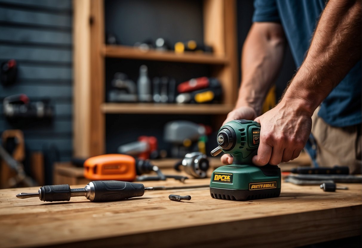 A hand reaches for a sleek impact driver next to a traditional screwdriver on a workbench, showcasing the contrast in design and usability