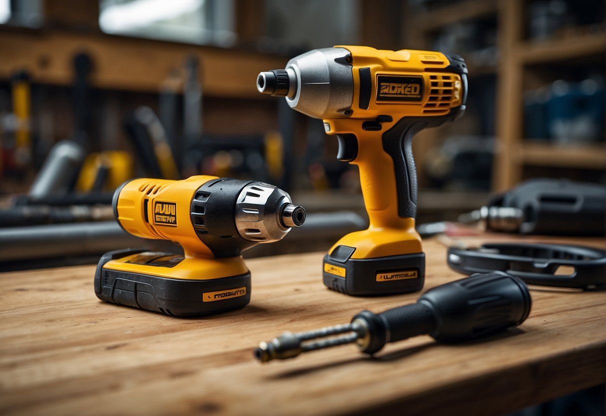 An impact driver and a screwdriver are placed side by side on a workbench, ready for use