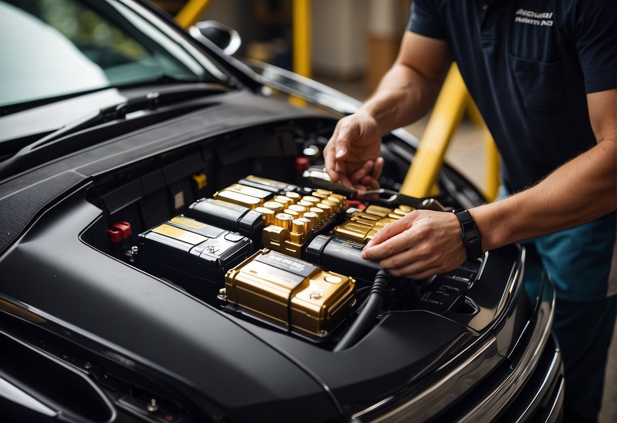 A car battery is being installed, comparing DieHard Gold and Platinum models for compatibility