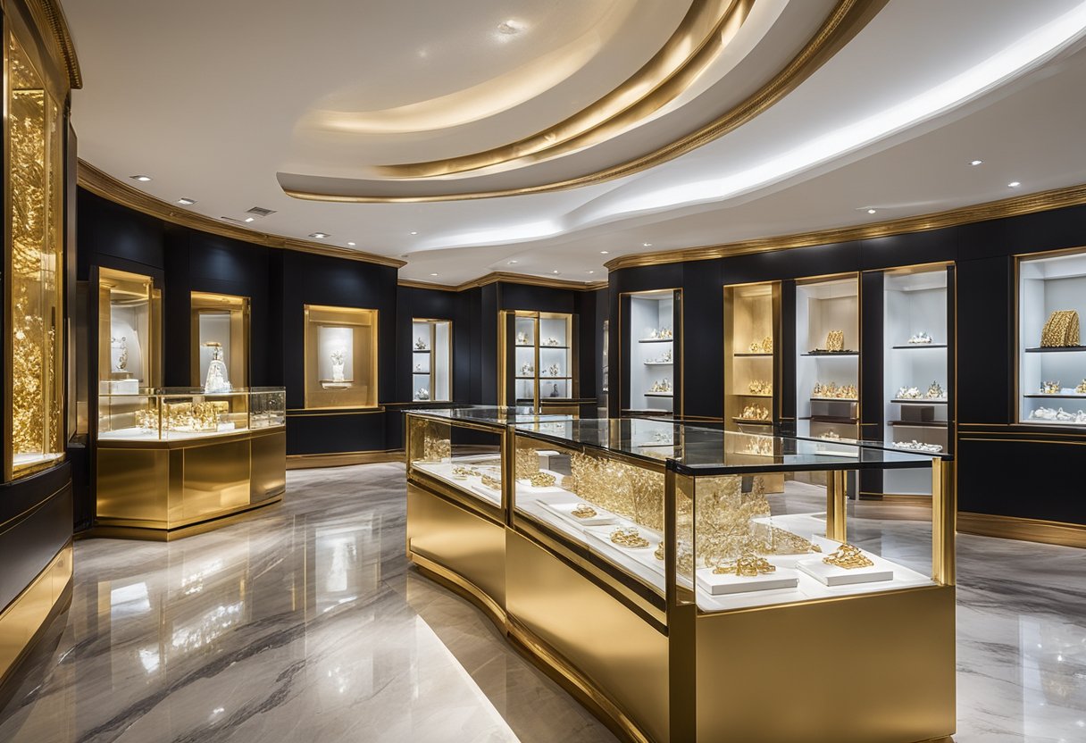 A luxurious jewelry store displays 24K gold necklaces, bracelets, and rings in glass cases under bright spotlights. Rich velvet drapes and polished marble floors add to the opulent atmosphere