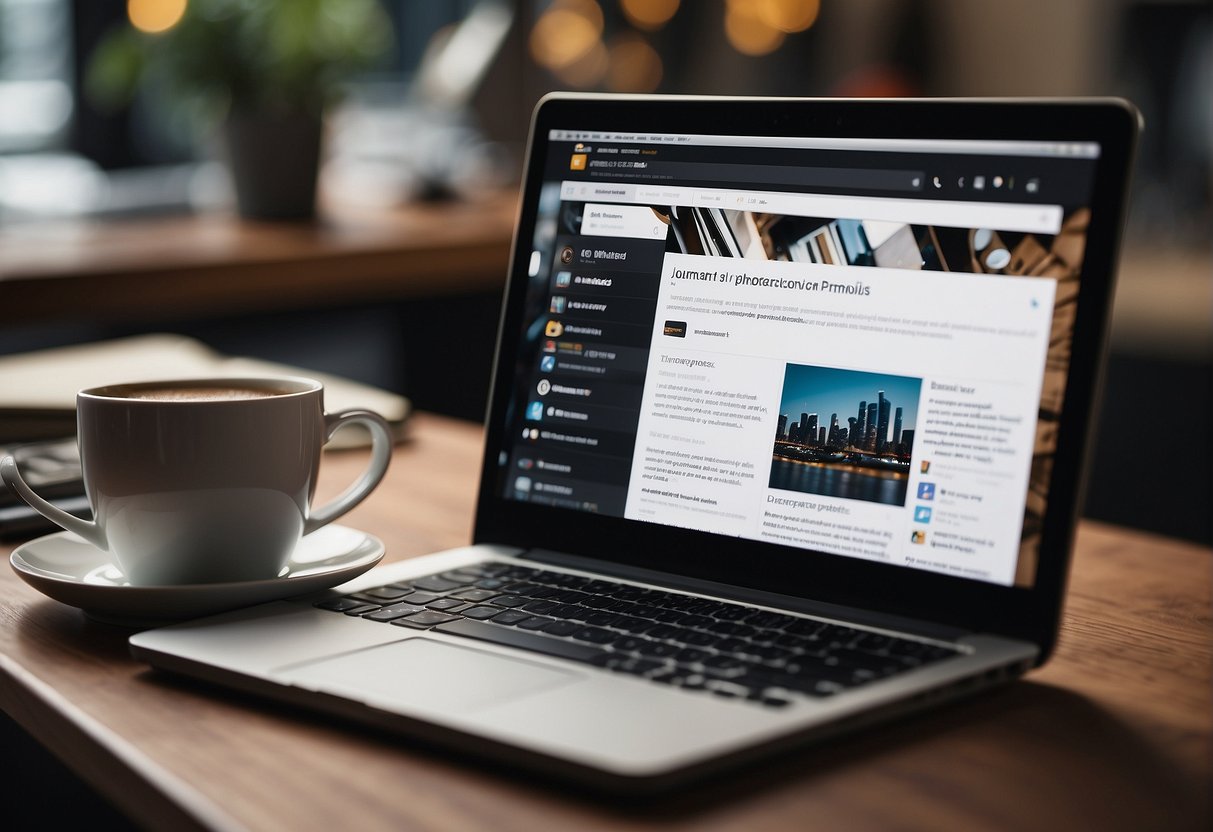 A laptop on a clutter-free desk with a personalized website and social media profiles displayed, surrounded by books and a cup of coffee