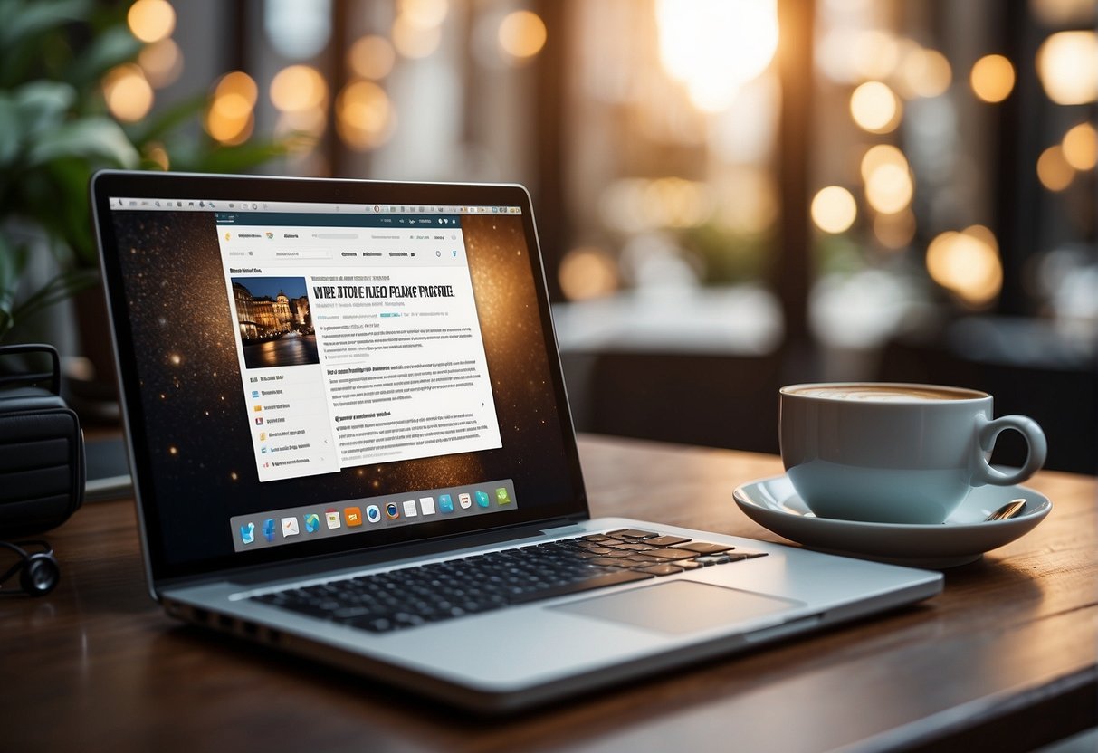 A laptop on a clutter-free desk with a personalized website and social media profiles displayed, surrounded by books and a cup of coffee