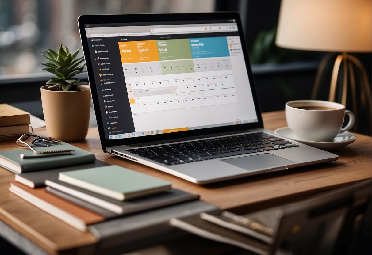 A laptop surrounded by books and a cup of coffee, with a calendar and sticky notes on the wall, symbolizing organization and productivity for work-from-home moms building their personal brand online