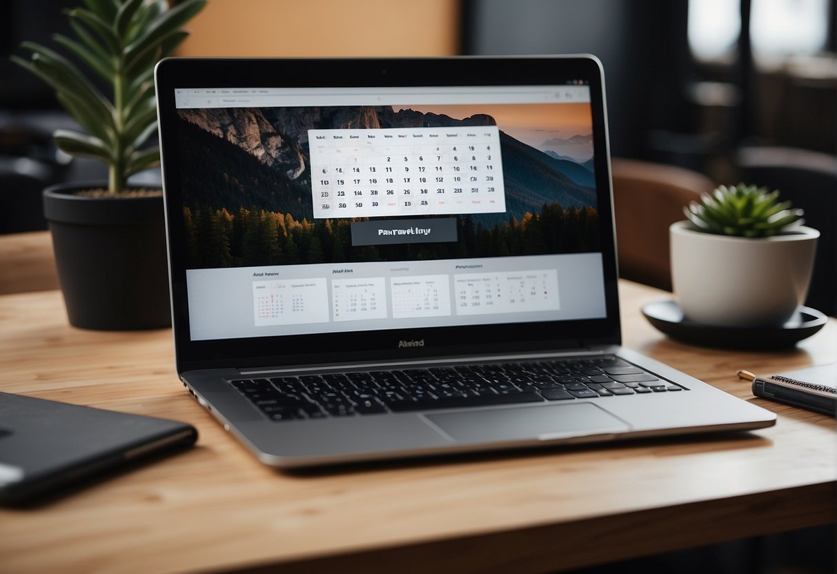 A laptop open on a desk with a variety of professional projects displayed on the screen. A calendar and notebook sit nearby, showcasing organization and planning