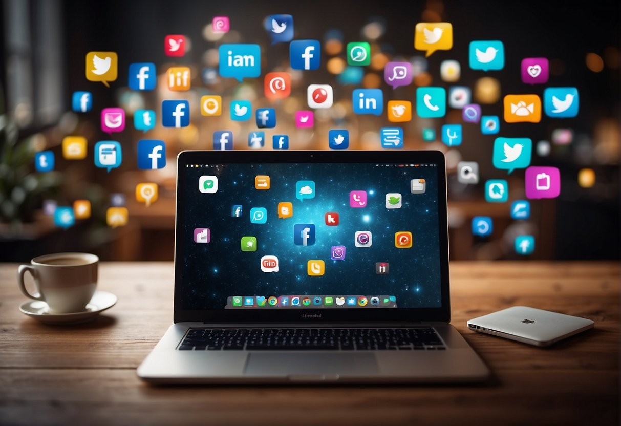 A laptop surrounded by various social media icons, representing online networking for work-from-home moms