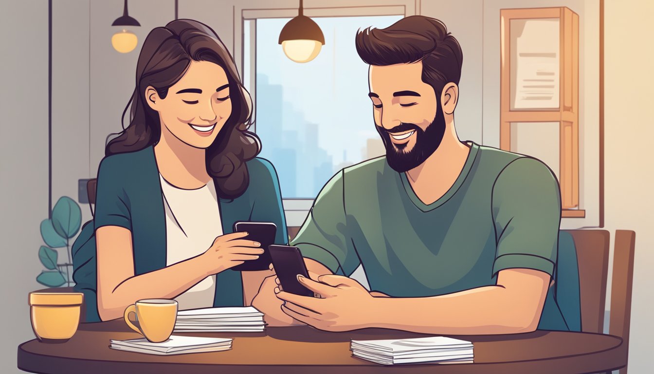 A couple sitting at a table, smiling and looking at a smartphone together.</p><p>A heart symbol and a calendar icon are visible on the screen